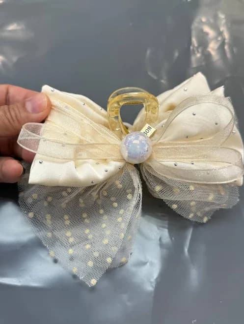 Rhinestone Bow Hair Claw Clip with Pearl Center