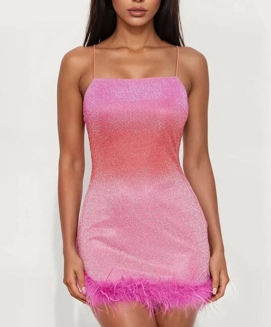 Fashion Nova Party with Me Sleeveless Lurex Square Neck Glitter Feather Micro Mini Dress