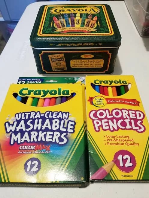 Crayola Lot 90th Tin Collectible With Crayons, Colored Pencils,