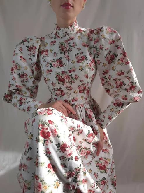 Victorian Edwardian Puffy Sleeve Floral Dress