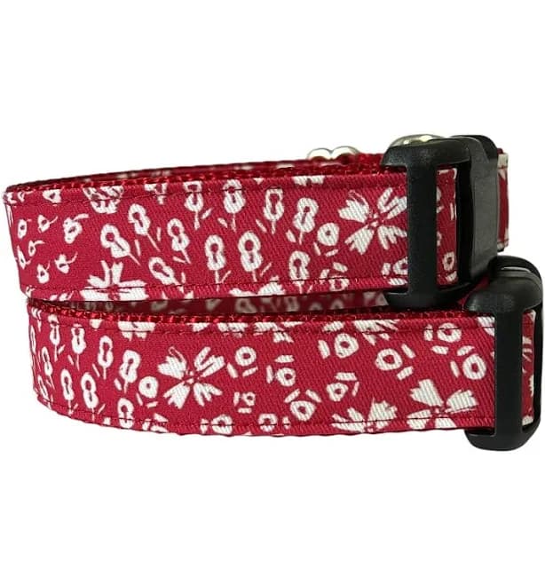 Red Floral Dog Collar, Red Nylon, Boho Floral, Girl Dog Collar