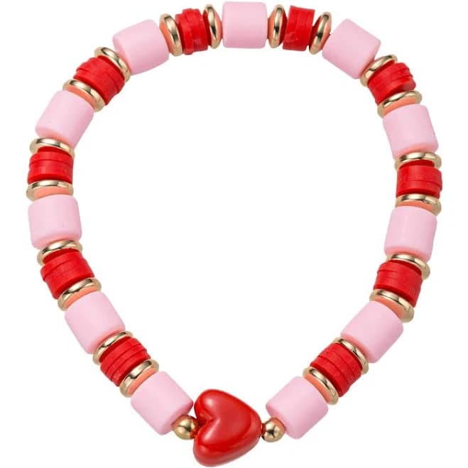 Rubber Beaded Stretch Bracelet with Red Heart
