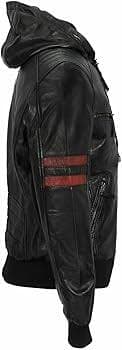 Men's Black Leather Jacket with Red Stripes, Zippered and Hooded (US, Alpha, X-Small, Regular, Regular, Black) at Amazon Men's Clothing store