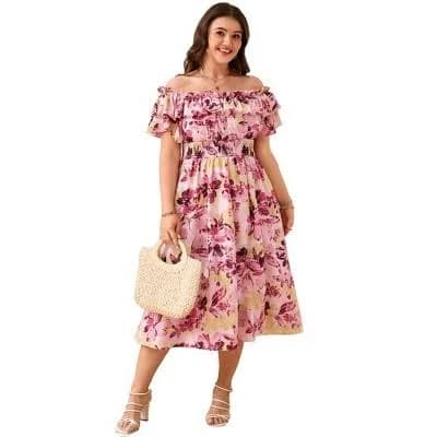Women's Off The Shoulder Ruffle Puff Sleeve Midi Cocktail Dress