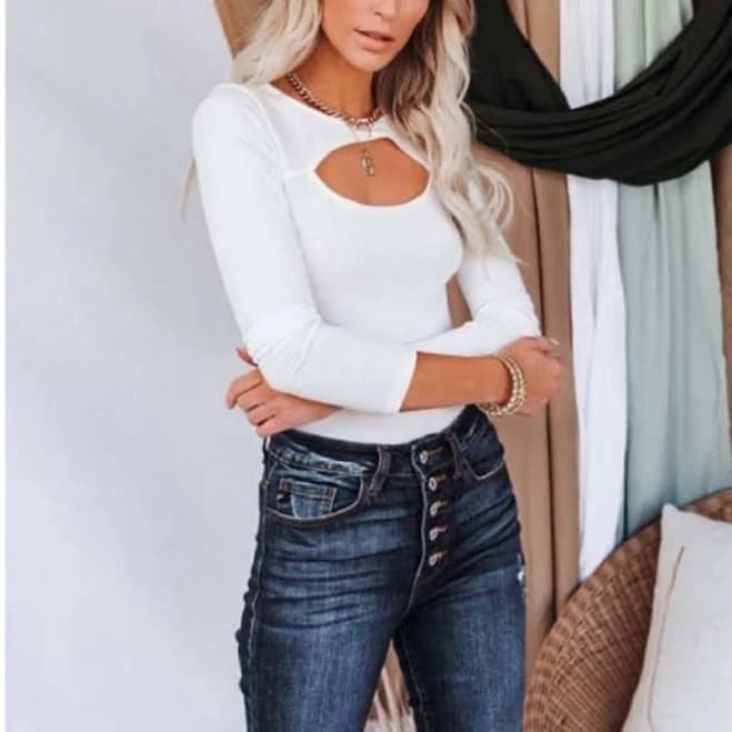Vici Enterprises (S/M) Vici White Ribbed Long Sleeve Bodysuit - Women | Color: White | Size: M