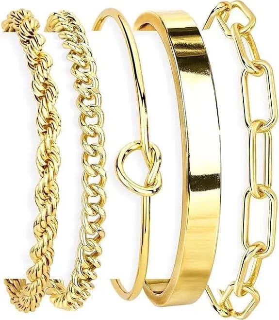 14K Gold Plated Chunky Cuff & Chain Bracelet Set