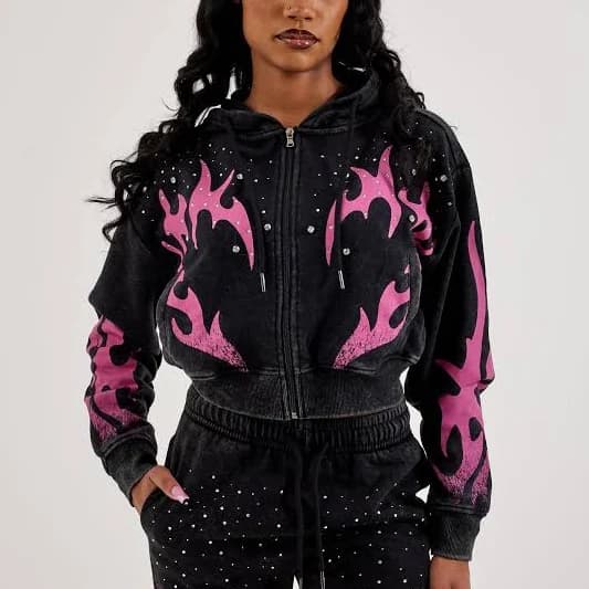 Red Fox Studded Heart Flame Cropped Fleece Hoodie
