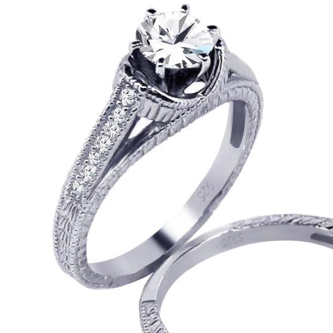 925 Rhodium Plated Pave CZ Engagement Ring Set
