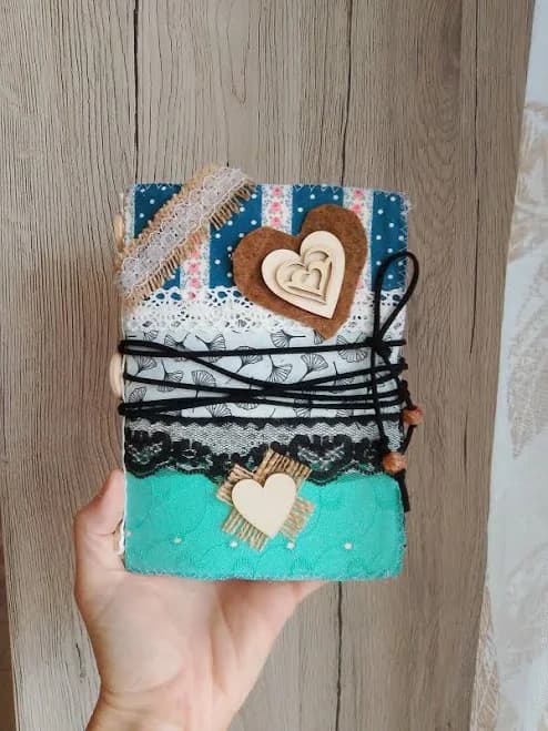 Junk journal, hand-bound artisan notebook, fabric cover notebook, scrapbooking diary created with recycled paper