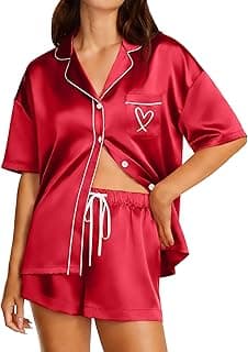 Womens Silk Satin Pajama Set, 2 Piece Heart Embroidery Short Sleeve Button Down Pjs Set for Bridal Party