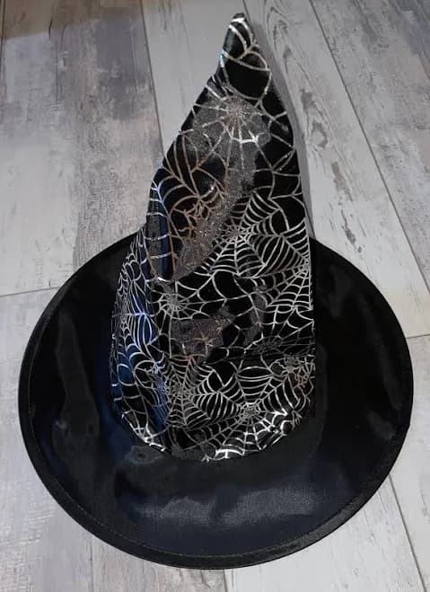 Happy Halloween Witch Hat - Black/Silver Spiderwebs