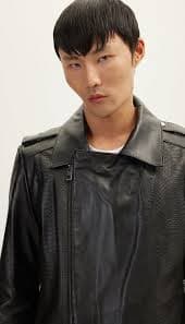 Men's Snakeskin Embossed Side Panels Leather Jacket - Black | Ron Tomson