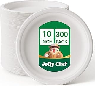 JOLLY CHEF Compostable Heavy Duty Plates 𝟭𝟬 𝗜𝗻𝗰𝗵 [𝟯𝟬𝟬 𝗣𝗮𝗰𝗸] Eco-Friendly Disposable White Uncoated Paper Plates Bagasse Sugarcane Biodegradable for Hot Cold Food Party Dinner Weddings