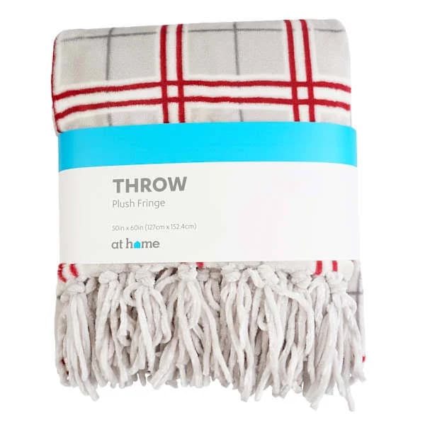 At Home Grey & Red Fringe Throw Blanket