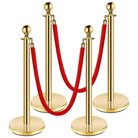 4 Pcs Gold Stanchion Posts 5ft Red Velvet Ropes Retractable Barrier Set