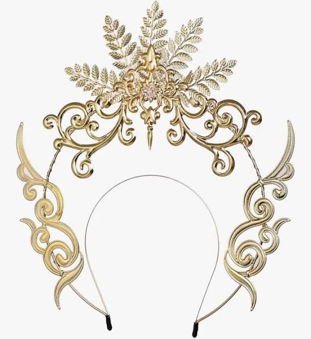 Gold Fantasy Ornate Crown Tiara Headpiece With Leaf Motif