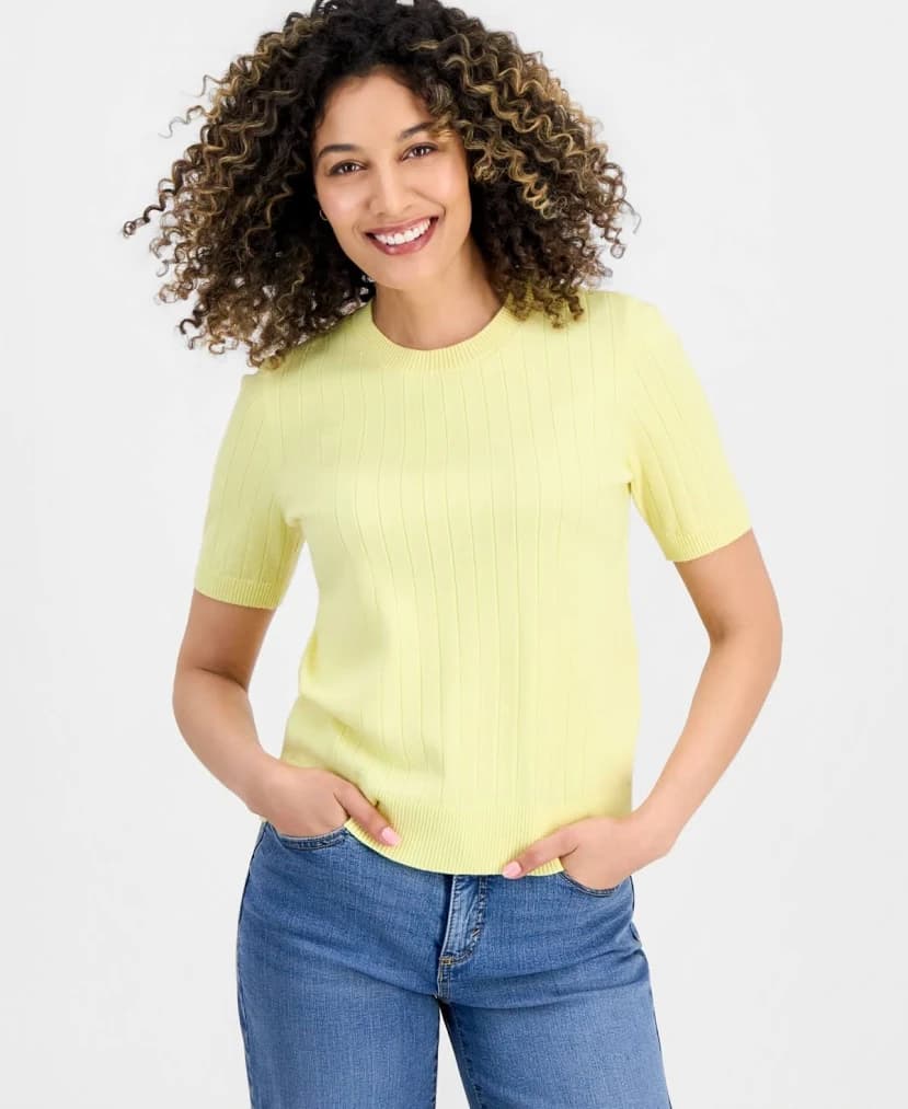 Style & Co. Women's Petite Fine Gauge Rib Crewneck Sweater