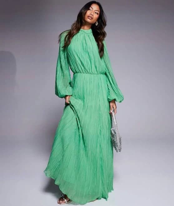 ASOS Crinkle Pleat Blouson Sleeve Maxi Dress