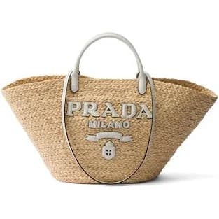 Prada Large Raffia and Leather Shopping Bag - Neutral