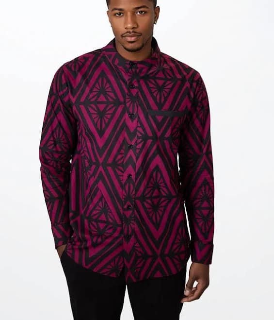 Jamal Men's African Print Mandarin Shirt with Plum Diamonds