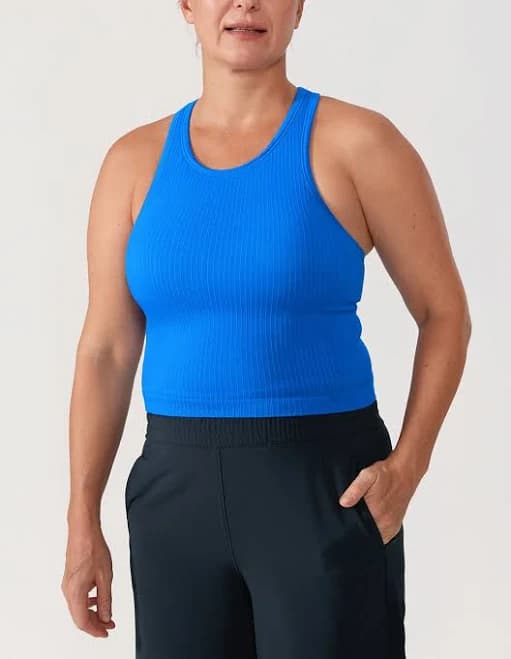Women's Crz Yoga Ribbed Longline Sports Bra Racerback Padded Slim Fit Crop Tank Top with Built in Pads