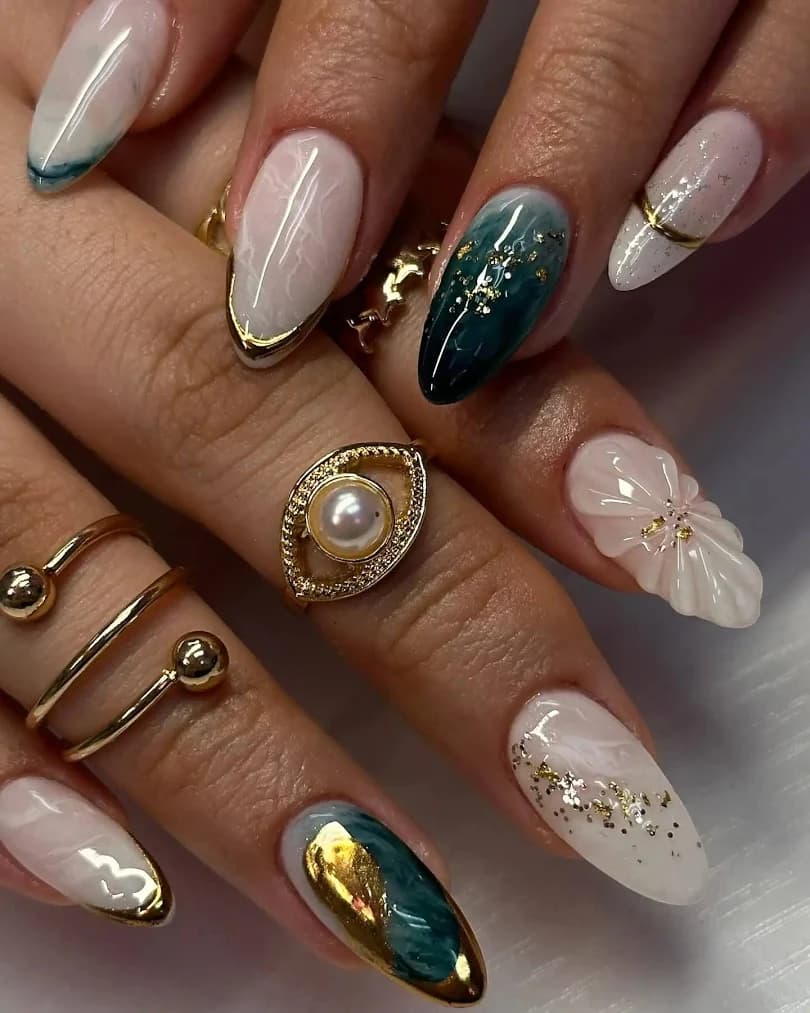 Handmade White and Emerald Design Press On Nails
