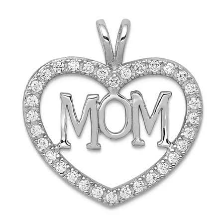 925 Sterling Silver CZ Heart Mom Pendant Necklace