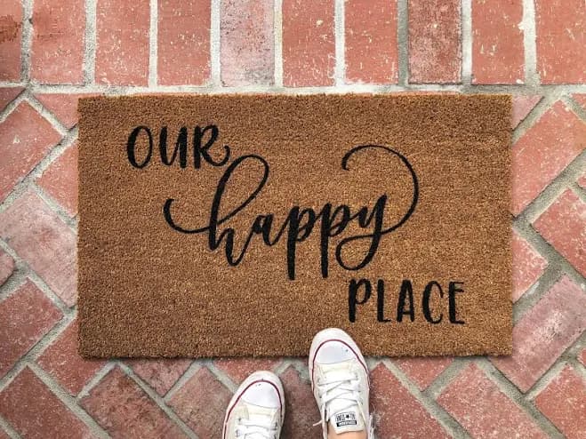 This is Our Happy Place Doormat | 18x30 Inch Natural Coir Entry Mat with Black Text | Perfect for Indoor & Outdoor Use