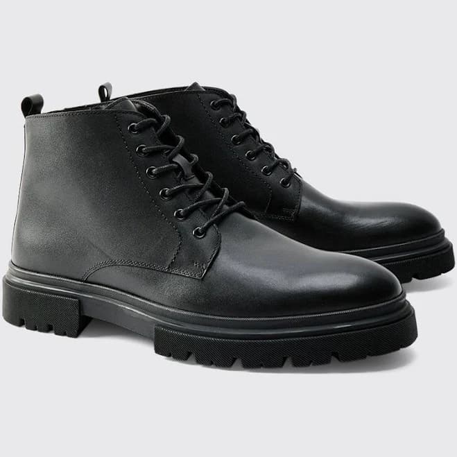 boohooMAN Men's Chunky Patent Leather Lace-Up Boots