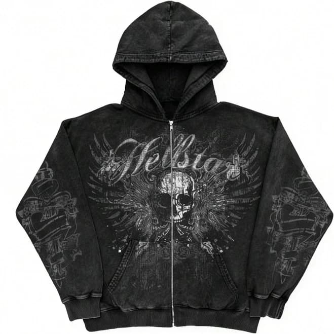 Y2K Winged Skull Rhinestone Zip Hoodie