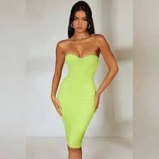 Oh Polly First Class Mesh Overlay Corset MIDI Dress in Lime