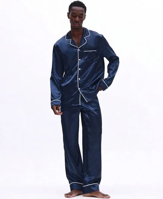 Men Long Sleeve Button Front Satin Pajama Set With Contrast Piping Details Sleepwear Loungewear Set,L