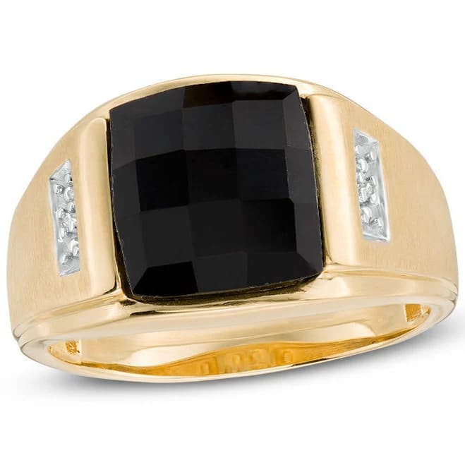 Zales 10K Gold Rectangle Faceted Onyx and Diamond Ring