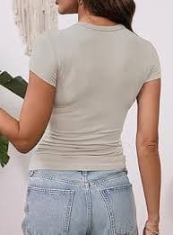 GEMBERA Womens' Stretchy V Neck Short Sleeve Form Fitted Casual Basic Top T-Shirts (3996, Beige Tan, S) at Amazon Women's Clothing store