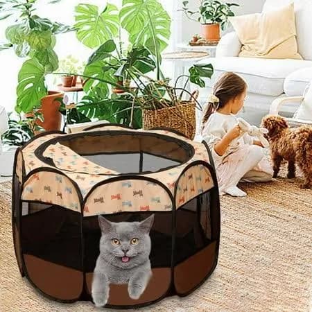 Octagonal Foldable Pet Fence Tent | Durable Cloth Polyester Dog Cage Enclosure | Scratch-Resistant Small Size 73x73x43cm | Lightweight 950g Pet Kennel