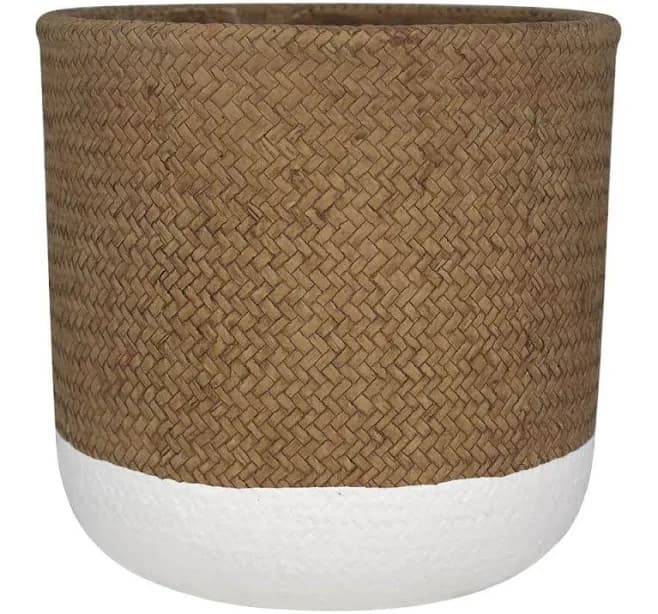 Trendspot 10 in. White and Natural Reed Round Cement Planter