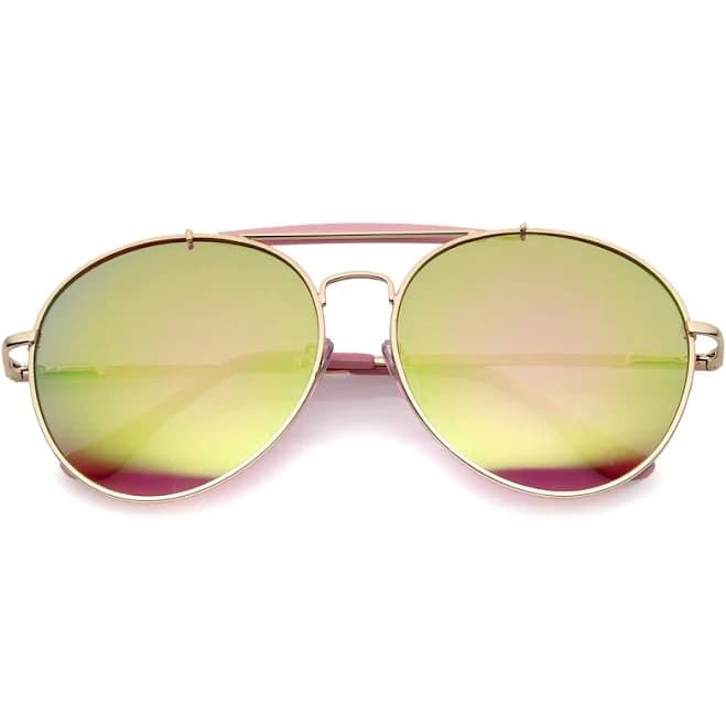 Sunglass La Oversize Double Nose Bridge Round Colored Mirror Lens Aviator Sunglasses 58mm