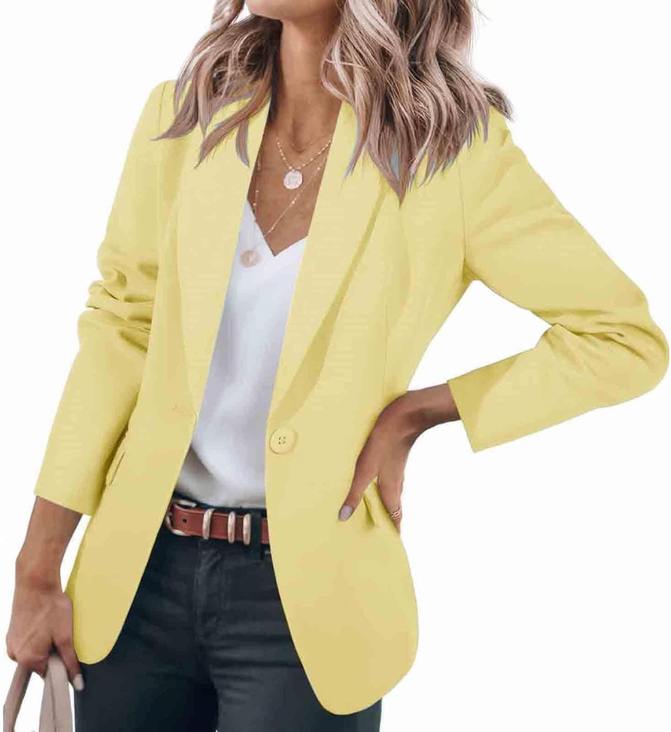 Womens Blazers Casual One Button Blazer Dressy Suit Jackets Long Sleeve Open Front Blazer with Pockets Fall Outfits B-Gray at Amazon Women's Clothing store