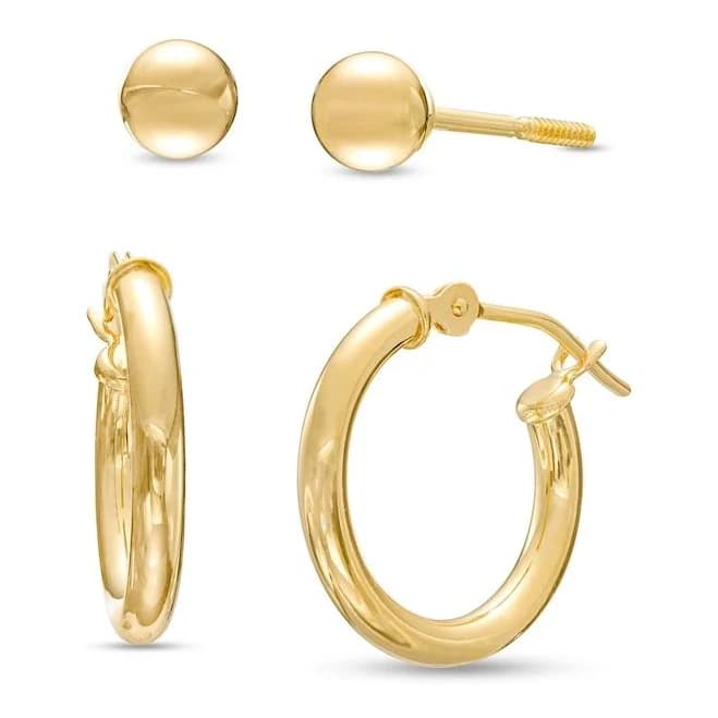 14K Gold Tube Hoop and Ball Stud Earrings Set