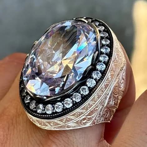 925 Silver Large Moissanite Engraved Men's Ring