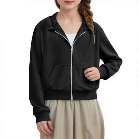 Faiwad Girls Crop Hoodies Zip Up Long Sleeve Sweatshirts with Pockets Kids Casual Workout Outerwear 4-12Years