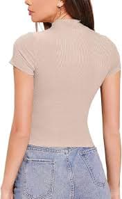 Ribbed Knit Mock Neck Crop Top ‚Äì Cap Sleeve - neck T-shirt- women, S: Buy Online at Best Price in Egypt - Souq is now Amazon.eg