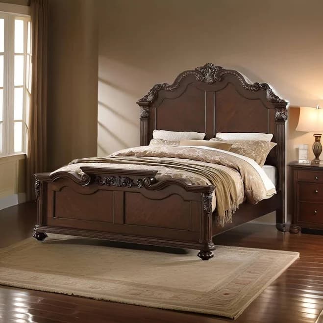 Benjara Splendidly Carved Queen Wooden Bed