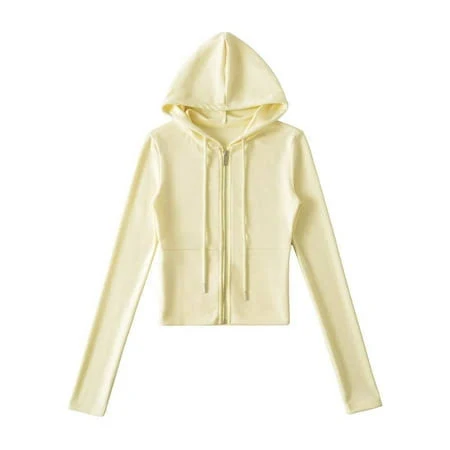 JSKUMAR Womens Full Zip Cropped Hoodies Fashion Skim Fit Long Sleeve Drawstring Hooded Jackets Casual Lightweight Coat Tops (M, Yellow), Women's, Size