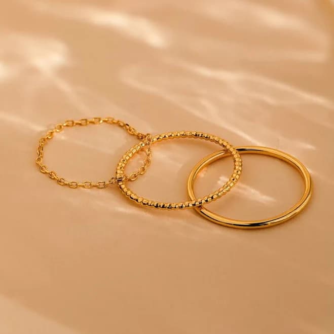 Caitlyn Minimalist Dainty Skinny Textured 18K Gold Stacking Ring Set