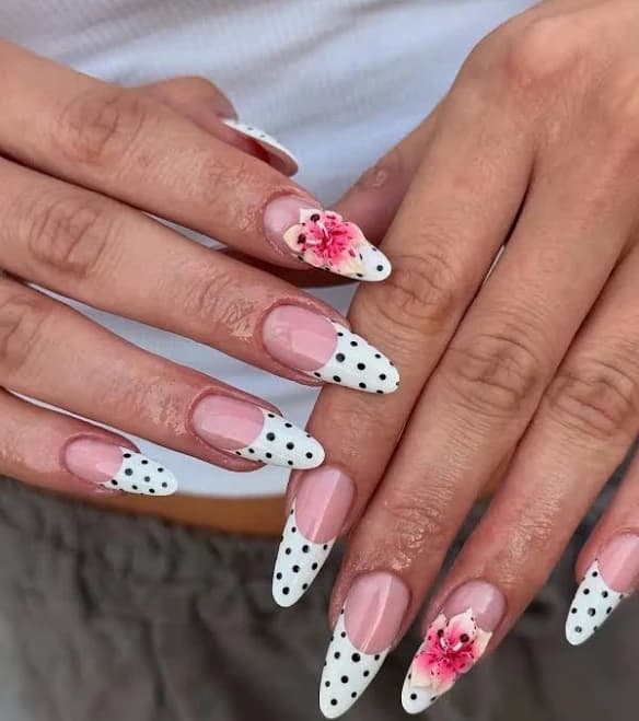Handmade Polka Dot French Tip Pink Floral Summer Press On Nails