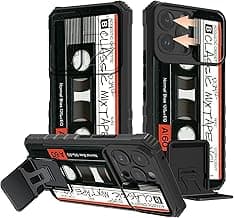 for iPhone 14 Pro Max Phone Case with Slide Camera Cover Built-in Kickstand Dual Layer Hybrid Shockproof Case for iPhone 14 Pro Max 6.7" 2022, Retro Audio Cassette