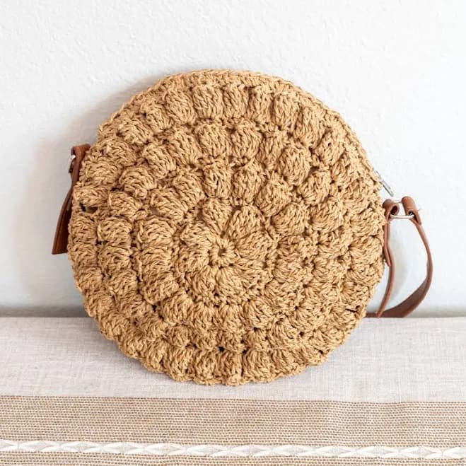 Elena Straw Woven Round Tote with Leather Strap