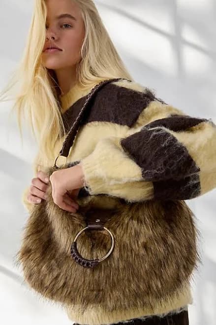 Silence + Noise Yasmin Faux Fur Hobo Bag in Brown, Women's at Urban Outfitters