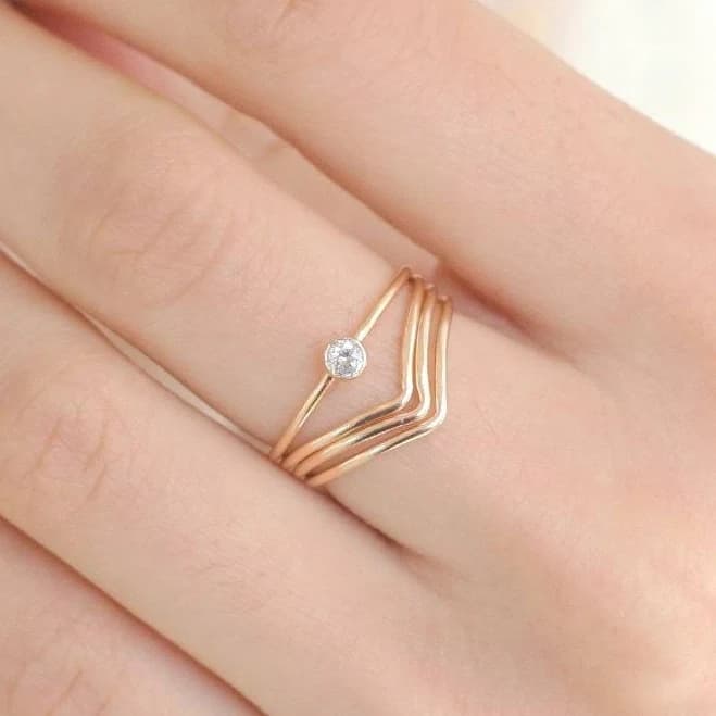 Modern Geometric Gold Filled Chevron Diamond Ring Set